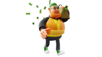 3D Illustration. Happy Fat Man 3D Cartoon Character. The rich fat man carried a bag full of money on his shoulder. A  stylish rich man walking while smiling. 3D Cartoon Character png