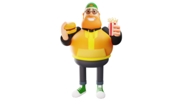 Illustration 3D. personnage de dessin animé 3d de gros homme affamé. un gros homme heureux tient un hamburger et des frites. le gros homme sourit et était prêt à manger. personnage de dessin animé 3D png