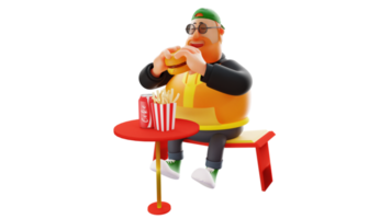 ilustración 3d personaje de dibujos animados 3d gordo hambriento. un gordo feliz estaba sentado acompañado de una lata de refresco y papas fritas. los hombres gordos con estilo comen una gran hamburguesa. personaje de dibujos animados en 3d png