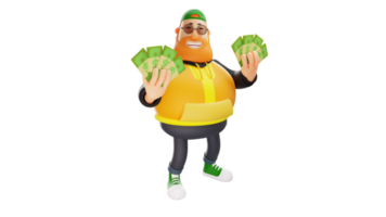 ilustración 3d personaje de dibujos animados en 3d de hombre rico y gordo. hombre rico con mucho dinero en ambas manos. hombre rico feliz. personaje de dibujos animados en 3D png