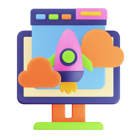 3D Render Monitor and Browser Rocket Startup Icon png