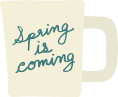 le printemps arrive lettre sur une tasse de café style dessiné à la main pour le concept du jour de la marmotte png