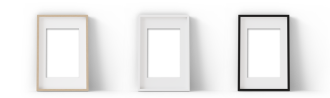Set of vertical picture frames. Could be standing on the floor or sideboard, with shadows. Transparent background. White, wooden and black frames with Passepartout. Template, mock up for your png