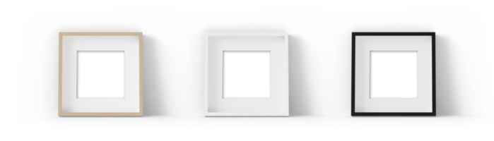 Reihe von quadratischen Bilderrahmen. könnte auf dem Boden oder Sideboard stehen, mit Schatten. transparenter Hintergrund. Weiß, Holz und schwarze Rahmen mit Passepartout. Vorlage, Mockup png