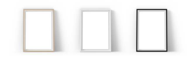 Set of vertical picture frames. Could be standing on the floor or sideboard, with shadows. Transparent background. White, wooden and black frames with Passepartout. Template, mock up for your png