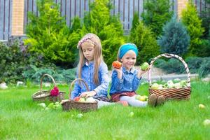 Two little girls with baskets full of harvest of tomatoes photo