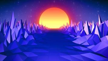 Abstract purple blue retro landscape in old 80s, 90s style with road rocks mountains and sun, abstract background. Video 4k, motion design