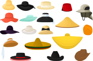 grande kit diferentes tipos de chapéus, bonés bonitos png