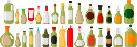 kit bouteilles en verre variées remplies de sauce liquide guacamole png