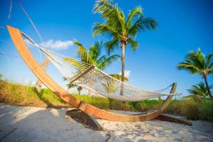 Straw hammock in the shadow of palm on tropical beach by sea photo