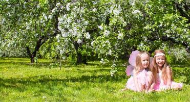 Adorable little girls in blossoming apple tree garden at spring day photo