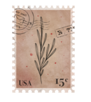 sello postal vintage botánico. sello postal imprimible retro con hojas. elementos estéticos de corte de recortes para invitaciones de boda, cuadernos, diarios, tarjetas de felicitación, papel de regalo png