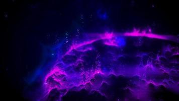 Abstract moving purple futuristic landscape of particles and dots of energetic magic with glow and blur effect, abstract background. Video 4k, motion design