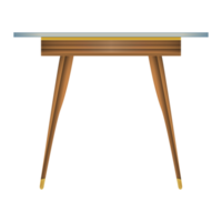 Glass tabletop wood table side view in realistic style. Transparent table top. Home wooden furniture design. Colorful PNG illustration.