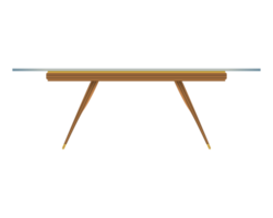 Glass tabletop wood table front view in realistic style. Transparent table top. Home wooden furniture design. Colorful PNG illustration.