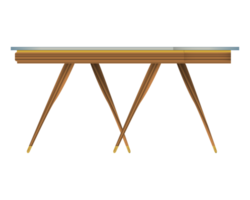 Glass tabletop wood table three-quarter view in realistic style. Transparent table top. Home wooden furniture design. Colorful PNG illustration.