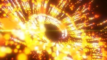 Abstract flying in a spiral in a whirlwind exploding yellow bright luminous magical energy particles, abstract background. Video 4k, motion design