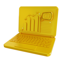 laptop dourado de ilustração 3D mostrando dados financeiros gráficos png