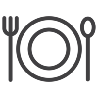 restaurant icon, spoon and fork on plate, thin line icon png