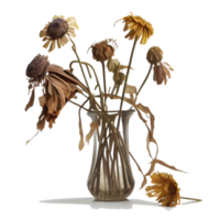 withered flowers in a vase Transparent background. for decorating projects. unrequited sadness concept isolated png