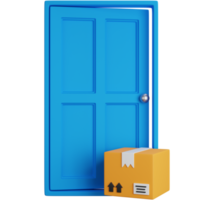 3d rendering blue door with a shipping box in front isolated png