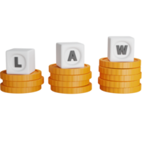3d rendering pile of coins with the dice written Law on top isolated png
