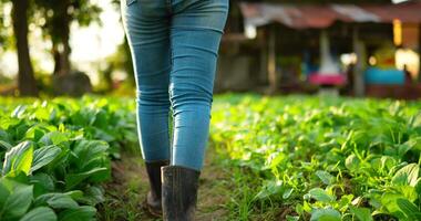 tiro inclinado hacia arriba, parte posterior de una joven mujer agrícola que usa camisa a cuadros mientras camina entre filas de col rizada en una granja de vegetales orgánicos para verificar la siembra video