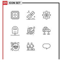 Outline Pack of 9 Universal Symbols of car planet gear neptune meter Editable Vector Design Elements