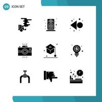 Pack of 9 Modern Solid Glyphs Signs and Symbols for Web Print Media such as graduation vintage camera arrow retro camera Editable Vector Design Elements