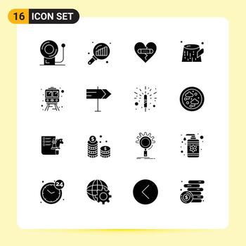 conjunto de glifos sólidos de interfaz móvil de 16 pictogramas de emociones de transporte ferroviario contaminación de residuos elementos de diseño de vectores editables