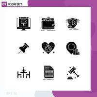 Pack of 9 creative Solid Glyphs of reminder paper personal security money Editable Vector Design Elements