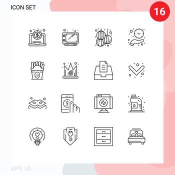 Editable Vector Line Pack of 16 Simple Outlines of food frise new save time hold Editable Vector Design Elements