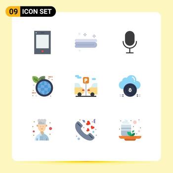 User Interface Pack of 9 Basic Flat Colors of secure parking microphone transport world eco Editable Vector Design Elements