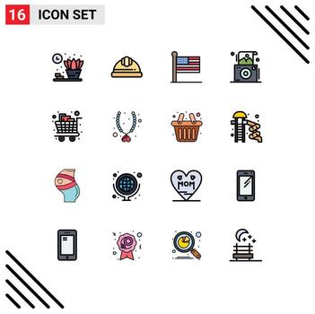 Modern Set of 16 Flat Color Filled Lines and symbols such as groceries cart states polaroid photo Editable Creative Vector Design Elements