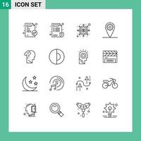 paquete de 16 signos y símbolos de contornos modernos para medios impresos web, como la melancolía, el dolor, la depresión ocular, el establecimiento de elementos de diseño de vectores editables