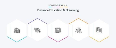 Distance Education And Elearning 25 Line icon pack including lab. chemical. internet. video. screen vector