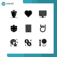 Mobile Interface Solid Glyph Set of 9 Pictograms of building security favorite protection computing Editable Vector Design Elements