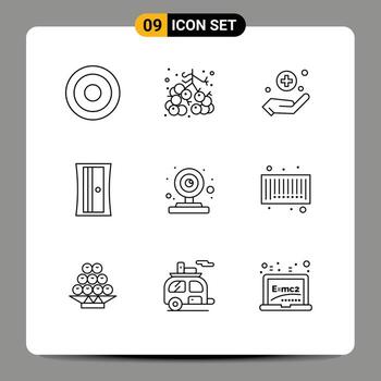 grupo de 9 contornos modernos establecidos para elementos de diseño de vectores editables de sacapuntas de cámara de cuidado de manos web de cámara de video