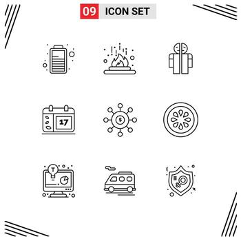 Set of 9 Vector Outlines on Grid for money ireland man broken date calender Editable Vector Design Elements