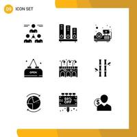 conjunto moderno de 9 glifos y símbolos sólidos, como elementos de diseño de vectores editables del proyector de comida de la escuela de comida de la ciudad
