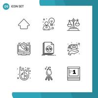 User Interface Pack of 9 Basic Outlines of file code law security online Editable Vector Design Elements