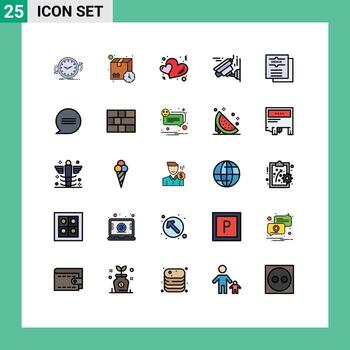 25 colores planos de línea rellena universales establecidos para aplicaciones web y móviles tecnología de bebidas paquete imagen romance elementos de diseño vectorial editables vector