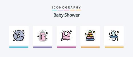 la línea de baby shower llenó el paquete de 5 íconos que incluye. cuna. baños. malo. juguete. diseño de iconos creativos vector