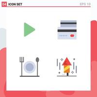 Set of 4 Modern UI Icons Symbols Signs for control eat video ecommerce restaurant Editable Vector Design Elements