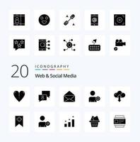 Paquete de 20 iconos de glifos sólidos web y redes sociales como complemento de usuario multimedia en abierto vector