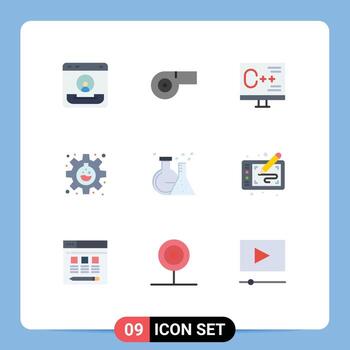 paquete de color plano de 9 símbolos universales de investigación de laboratorio equipo de computadora experimento elementos de diseño vectorial editables vector
