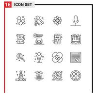 Pack of 16 Modern Outlines Signs and Symbols for Web Print Media such as record mic spoon broadcast laboratory Editable Vector Design Elements