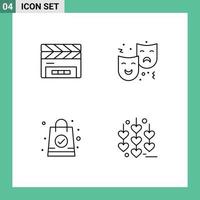 Set of 4 Modern UI Icons Symbols Signs for clapboard hand bag film flap expression shopping bag Editable Vector Design Elements