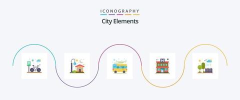 paquete de iconos flat 5 de elementos de la ciudad que incluye la ciudad. hotel. autobus edificio. transporte vector