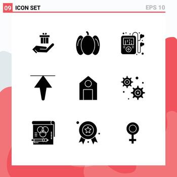 conjunto moderno de 9 glifos y símbolos sólidos, como el ajuste de engranajes, música escolar, aprender elementos de diseño de vectores editables